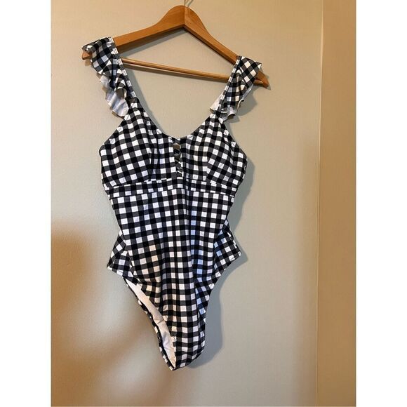 Cupshe Size XL Ruffle Strap One Piece Swimsuit Black Gingham Check Plaid Modest - Picture 5 of 15